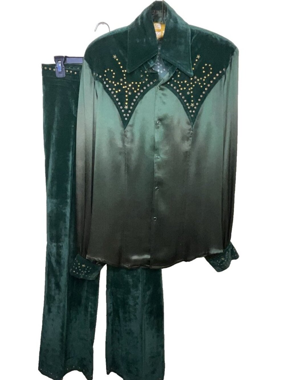 1970s Custom Western Pant Suit Satin Velvet Professional Singer Music Stage S